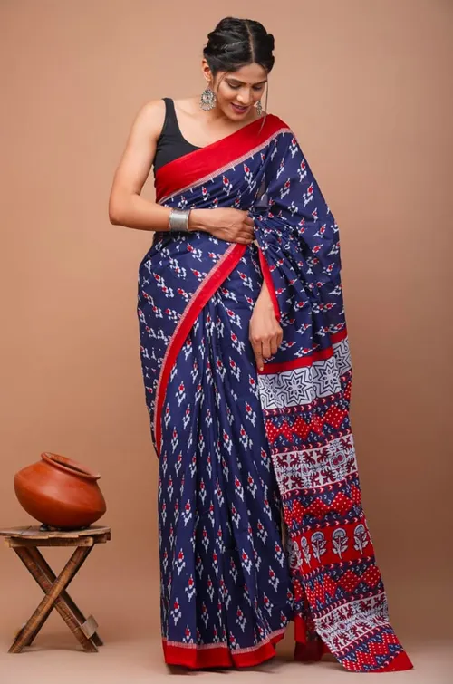 Traditional Jaipur Cotton Saree in Indigo Blue and Red